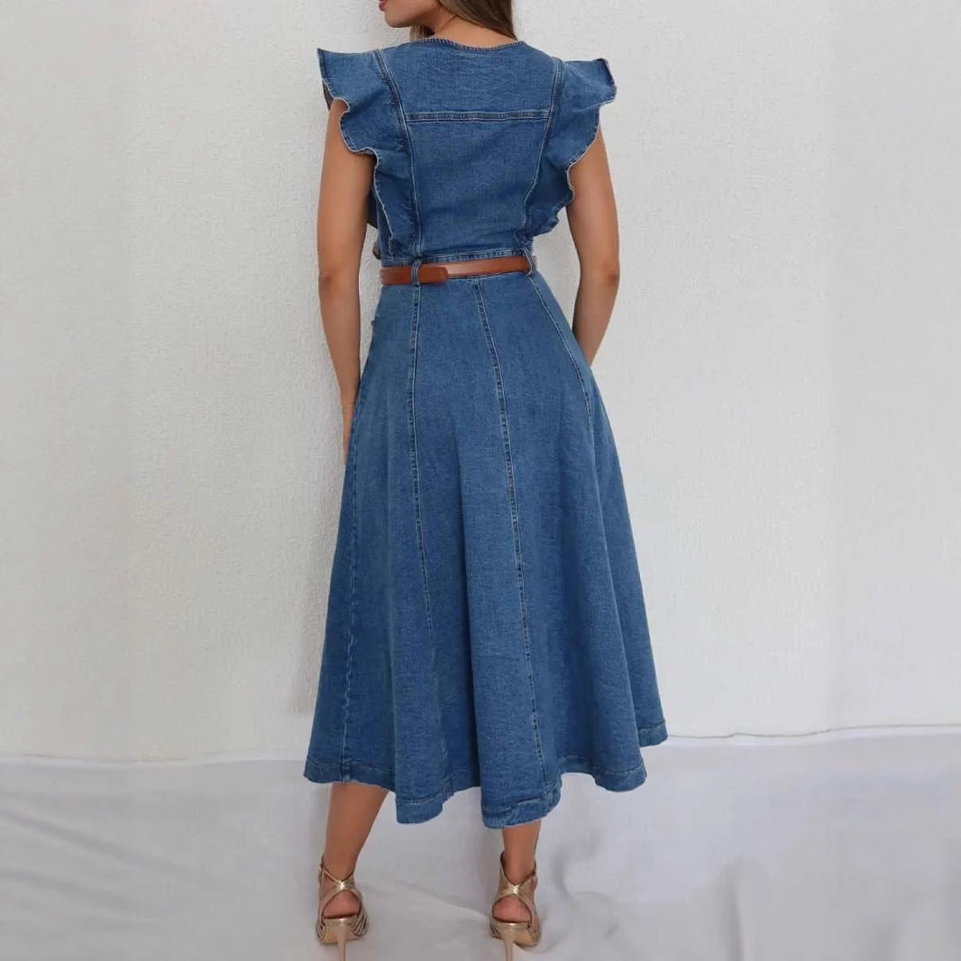 Women's Dress Waist Ruffle Sleeve Button Denim Dresses