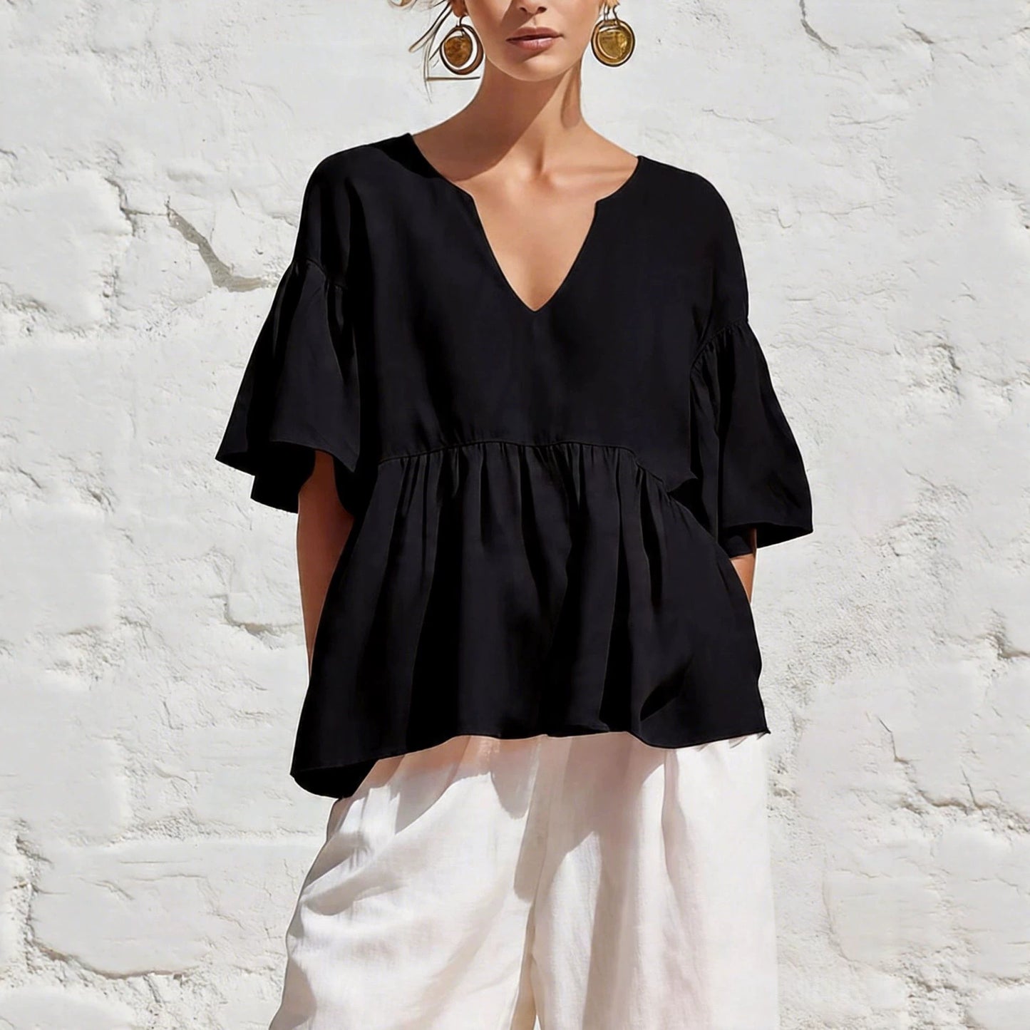 Lazy Ruffled Half Sleeve Cotton Linen Summer Women's T-shirt