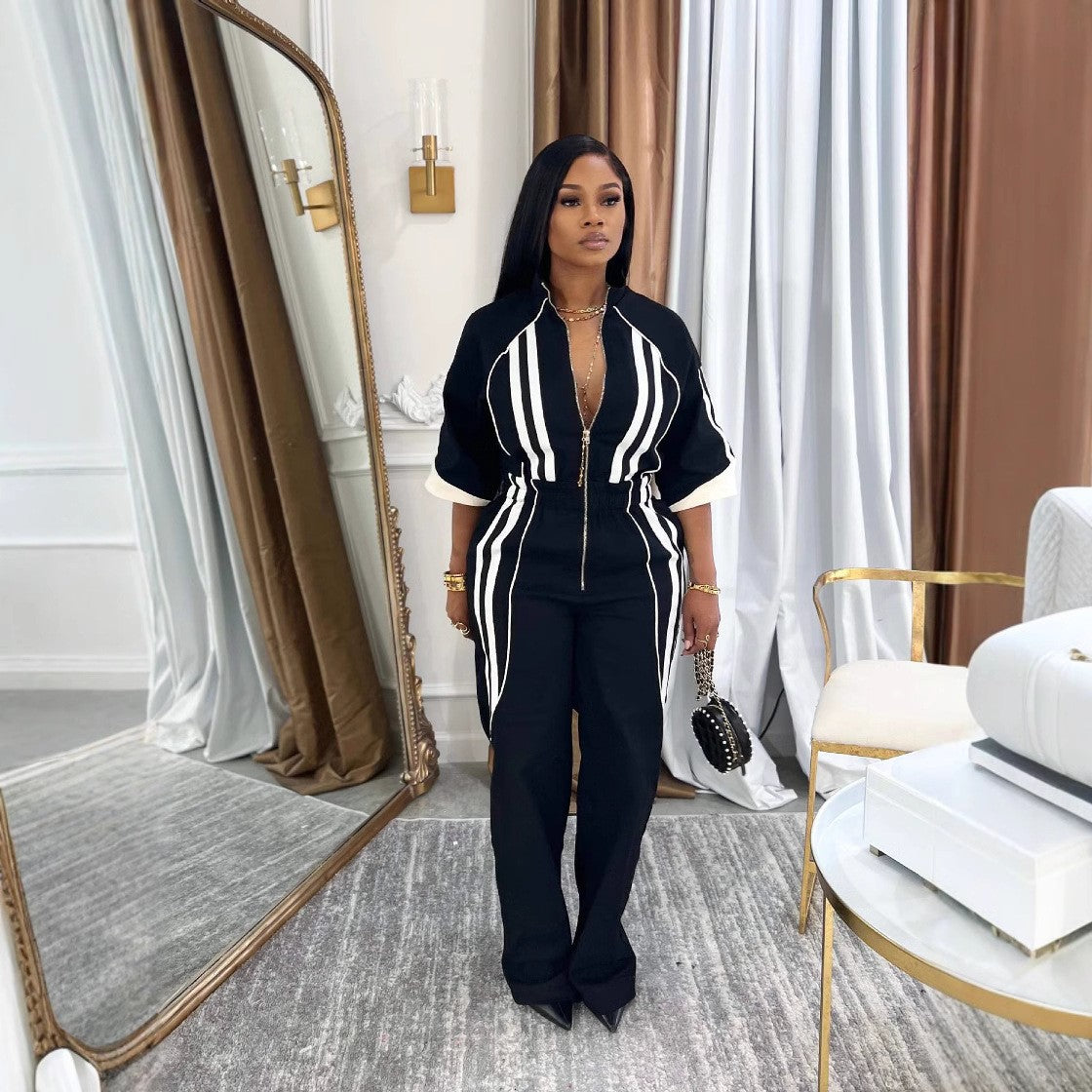 Women's 7-point Sleeve Waist Long Zipper One-piece Jumpsuits