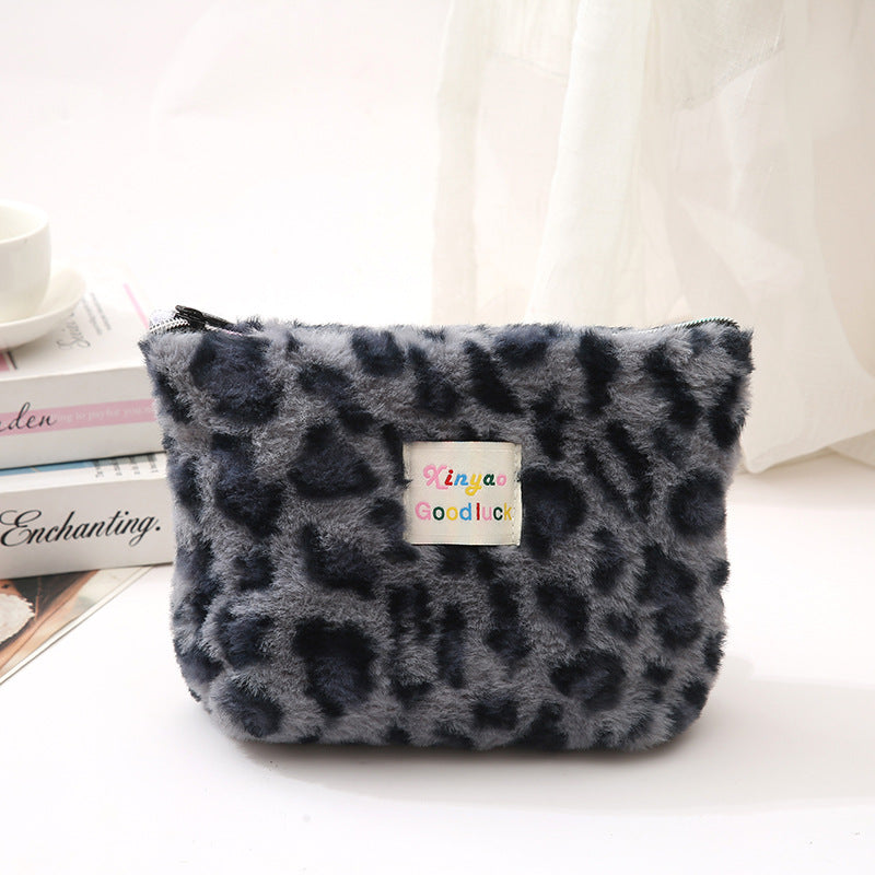 Plush Large Capacity Storage Leopard Print Hand-held Make-up Cosmetic Bags
