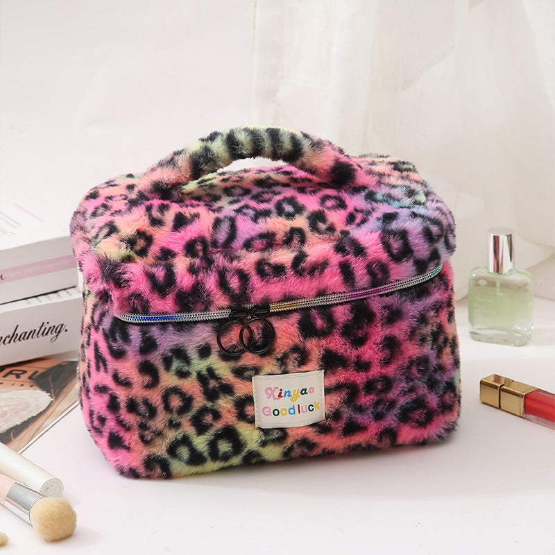 Plush Large Capacity Storage Leopard Print Hand-held Make-up Cosmetic Bags