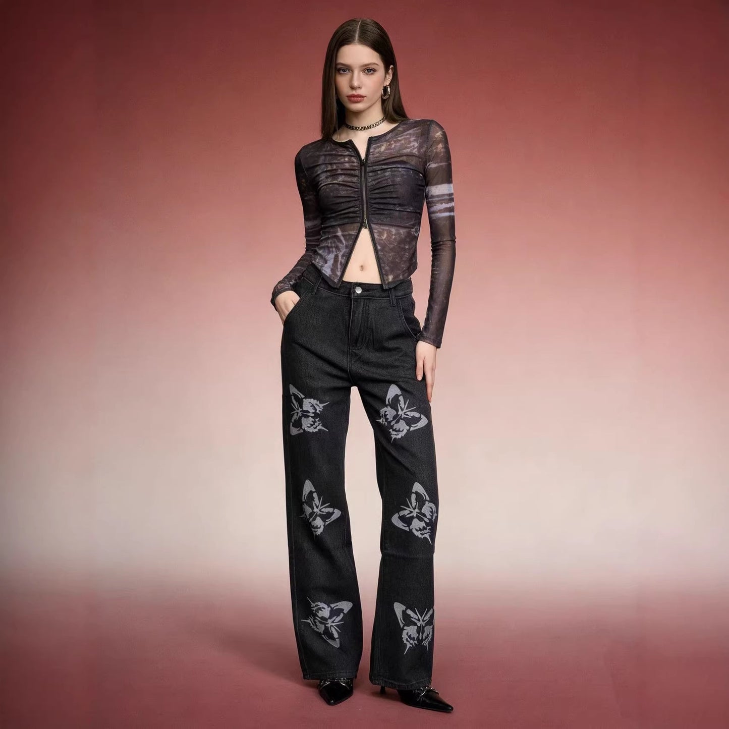Women's Fashion Design Loose Printed Pattern Straight Women's Jeans