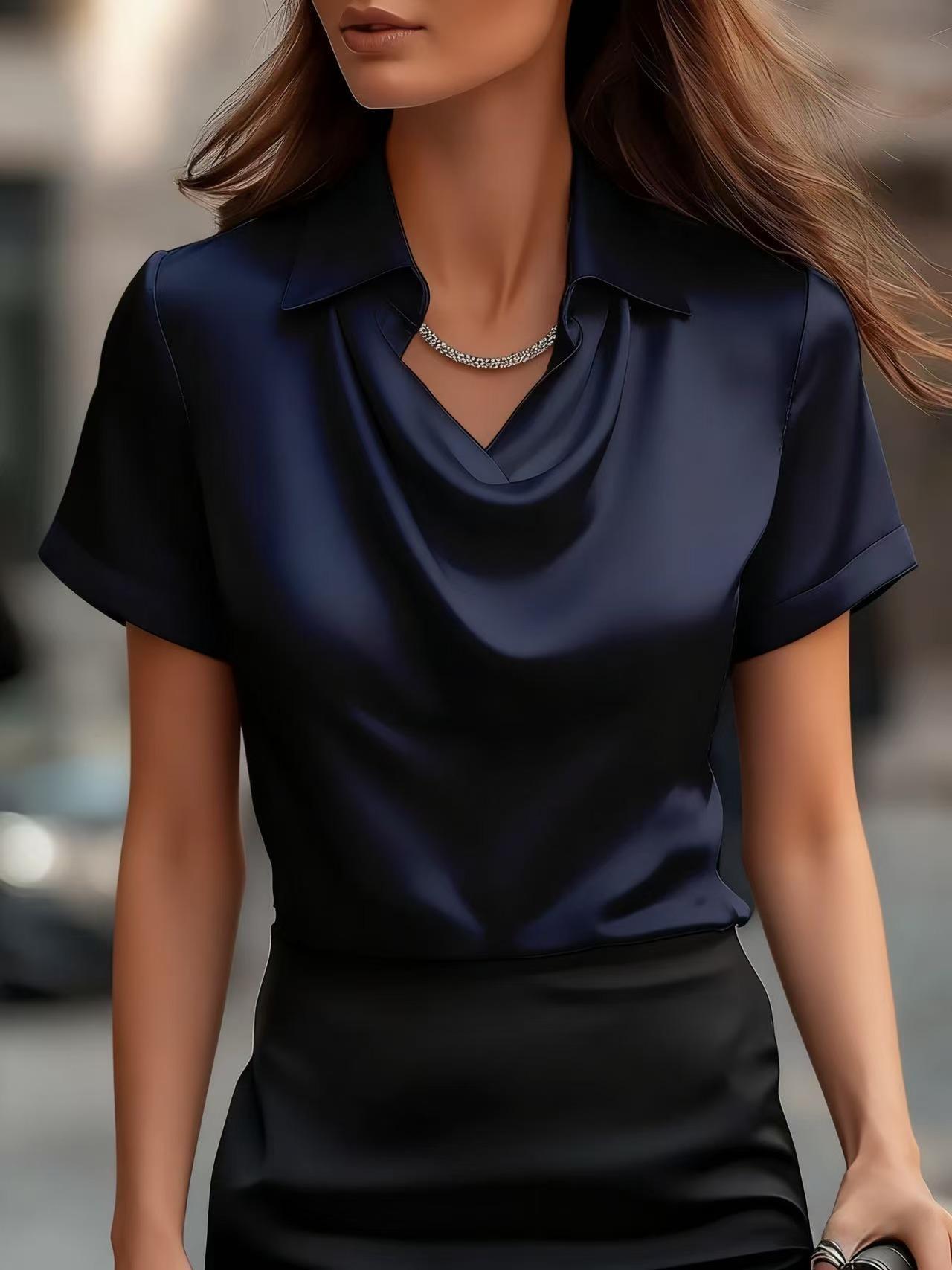 Women's Temperament Commute Lapel Sleeve Loose Solid Women's T-shirt