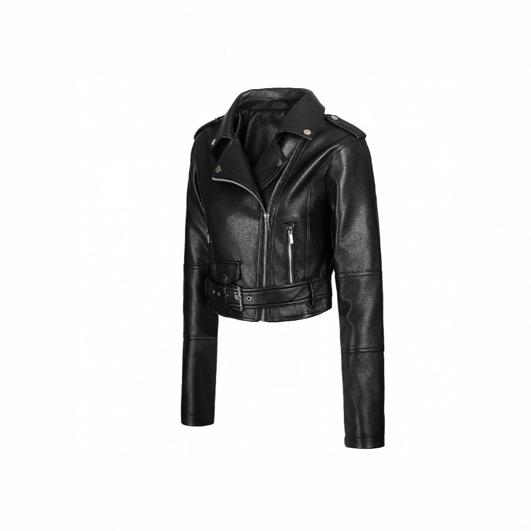 Women's Locomotive Style Leather Lapel Zipper Belt Jackets
