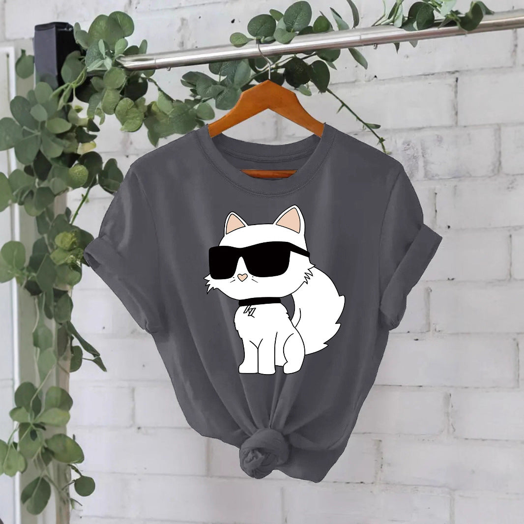 Casual Sleeve Female White Sunglasses Cat Summer Round Neck Women's T-shirt
