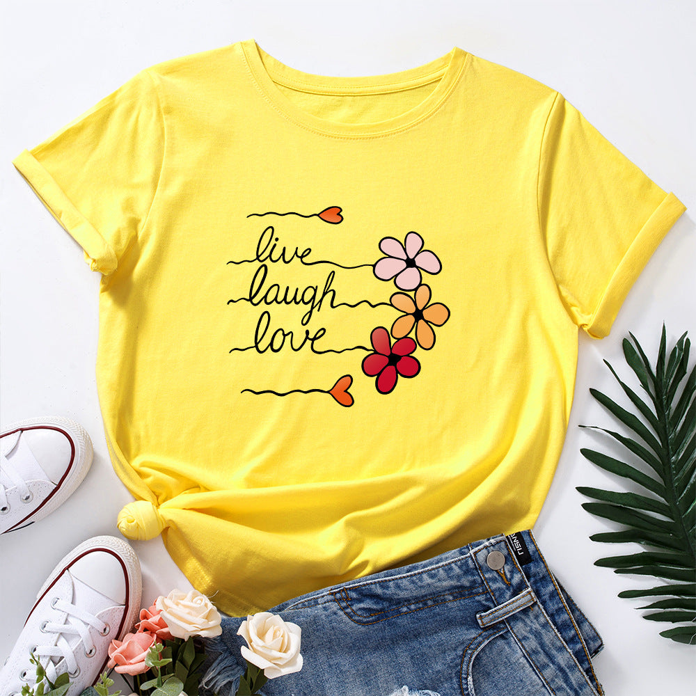 Women's Cotton Loose Round Neck Sleeve Women's T-shirt