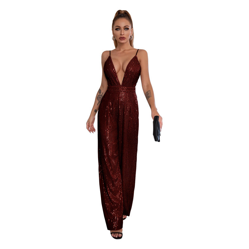 Women's Sequined Sleeveless Hot Deep Backless Sling Jumpsuits