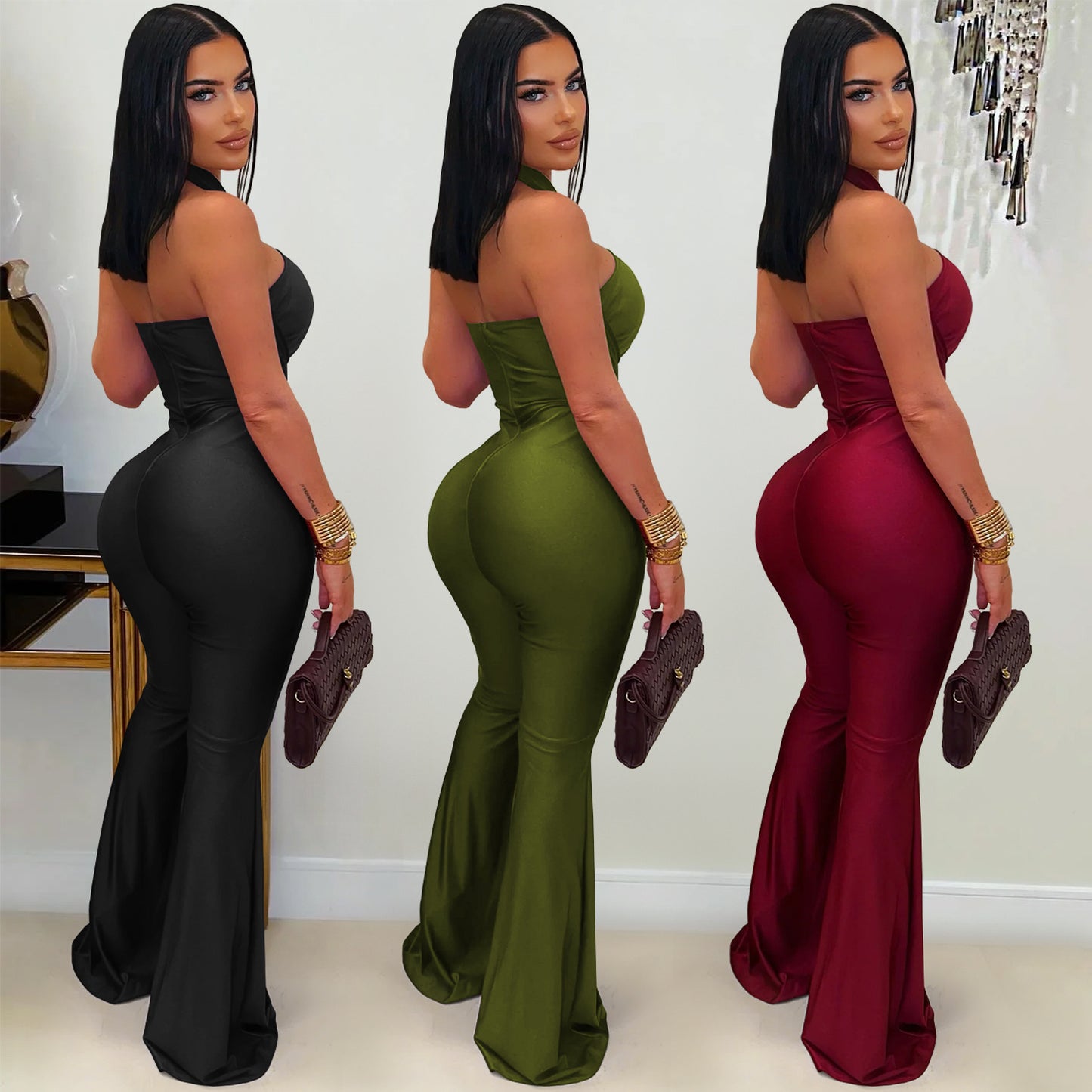 Women's Fashion Wear Solid Color Elegant Halter Wide Jumpsuits