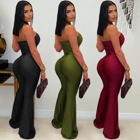 Women's Fashion Wear Solid Color Elegant Halter Wide Jumpsuits