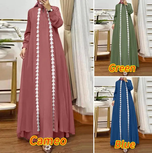 Solid Color Loose Long Sleeves Lace Dress