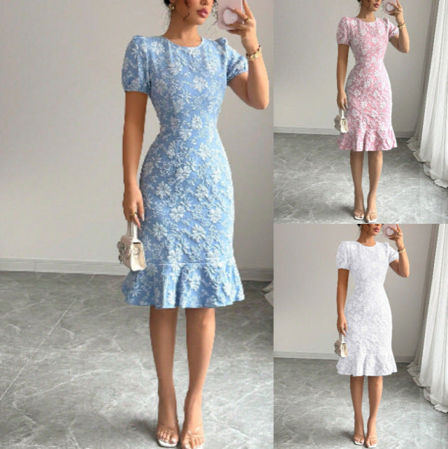 Women's Summer Bubble Sleeve Texture Jacquard Round Neck Retro Dress