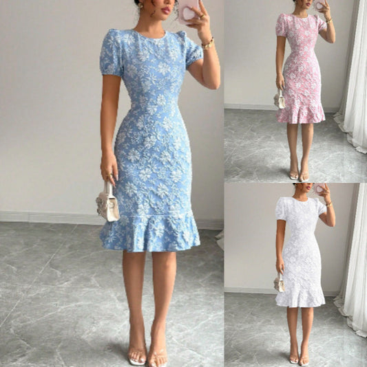 Women's Summer Bubble Sleeve Texture Jacquard Round Neck Retro Dress