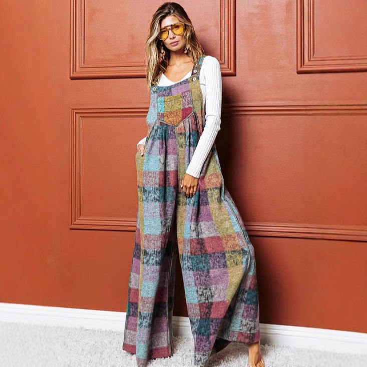 Popular Graceful Women's Brushed Plaid Overalls Women's Jumpsuit/clothing