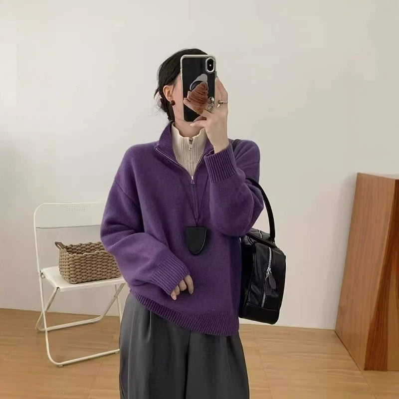 Women's Two-piece Half Zipped Stand Collar Design Sweaters