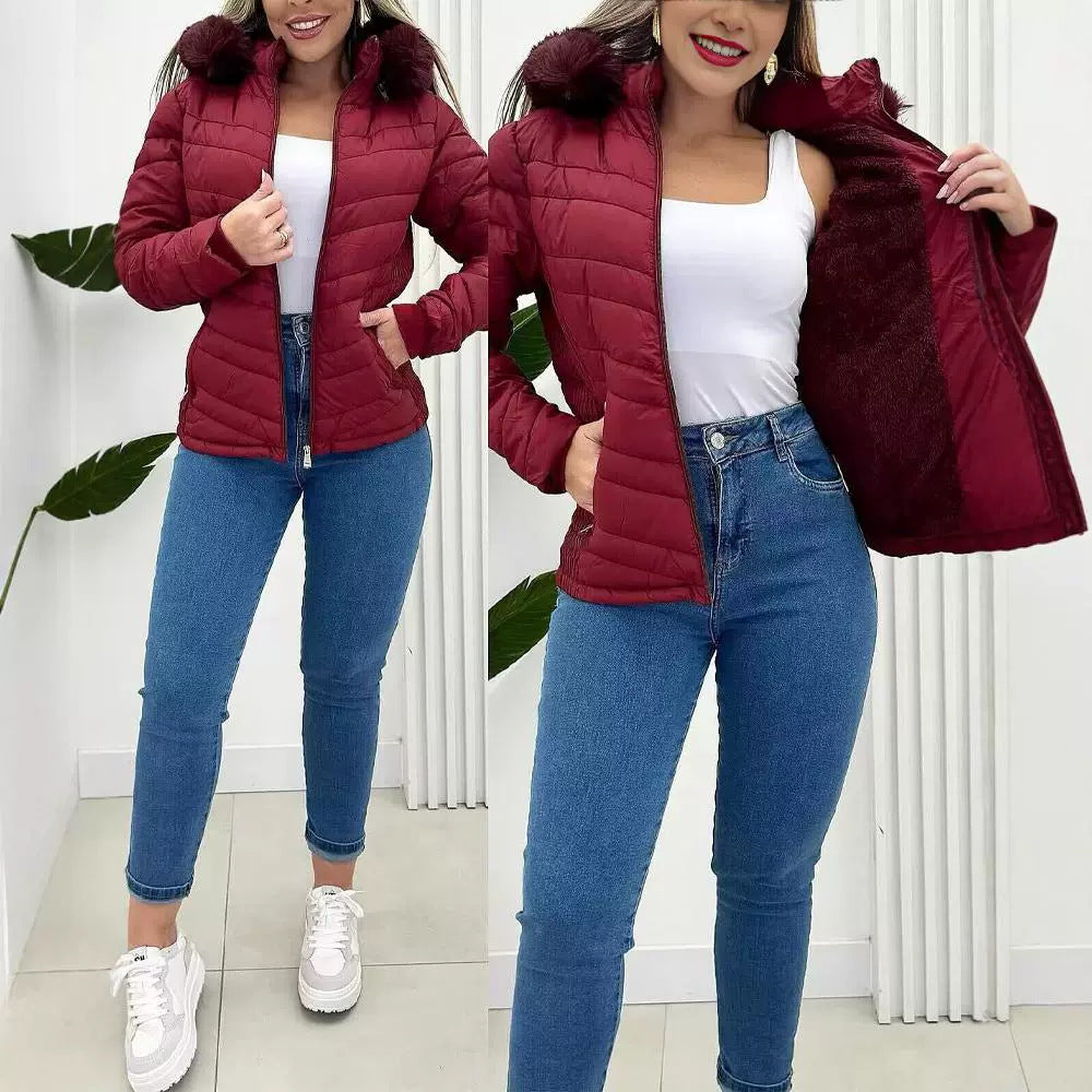 Color Waist Tight Hooded With Fur Blouses
