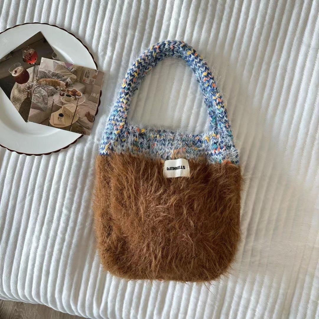 Women's Contrast Color Knitted Plush Fashion Winter Handbags