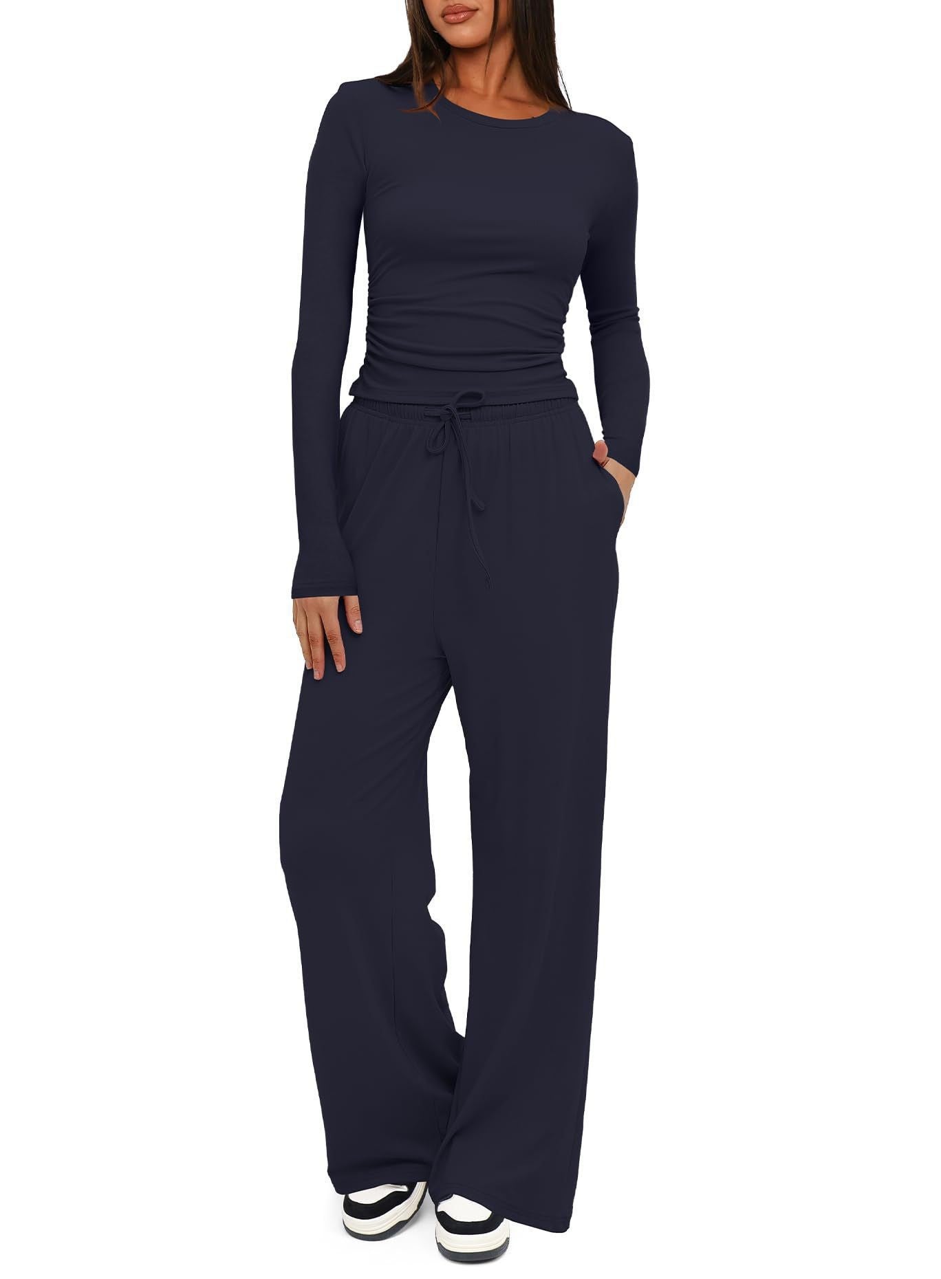 Solid Color Long Sleeves Outfit High Waist Wide Tops