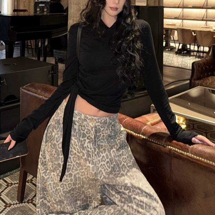 Hot Asymmetric Hooded Long-sleeved T-shirt Slimming Bottoming Blouses