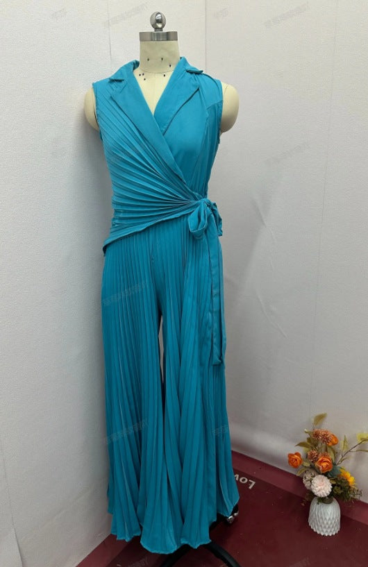 Women's Collar Pleated Solid Color Wide Leg Jumpsuits