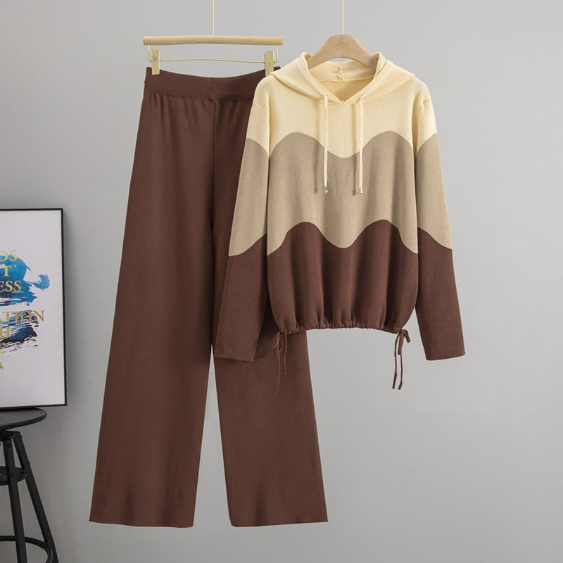Women's Knitted Hooded Color-matching Leisure Sports Two-piece Suits