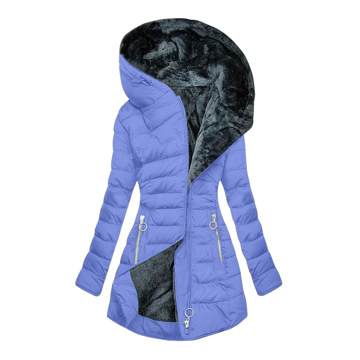 Women's Plush Hooded Mid-length Oblique Zipper Coats