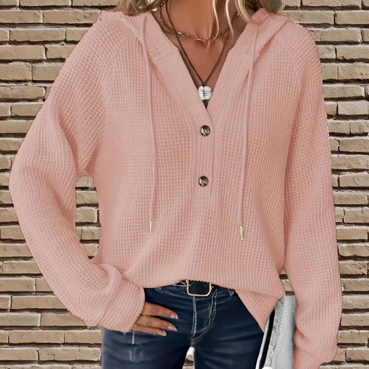 Women's Color Waffle Hooded Button Loose Long Women's Sweater, Sweater