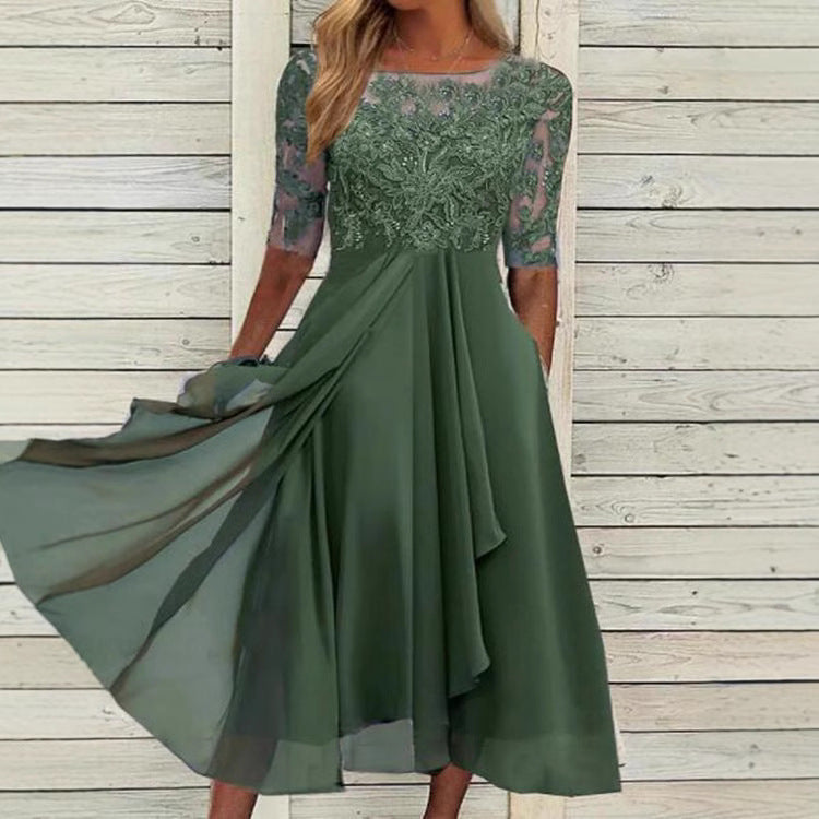 Women's Bridesmaid Dress Lace Mid Sleeve Chiffon Dresses