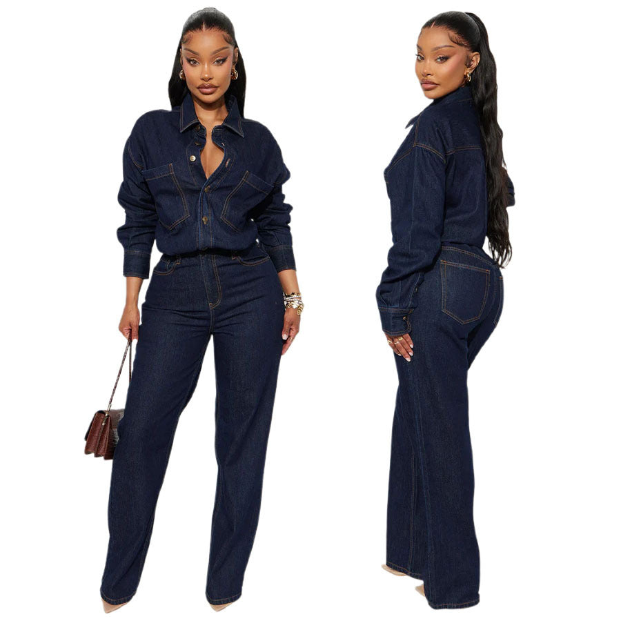 Slim Fit Loose Elastic Washed Long Jumpsuits