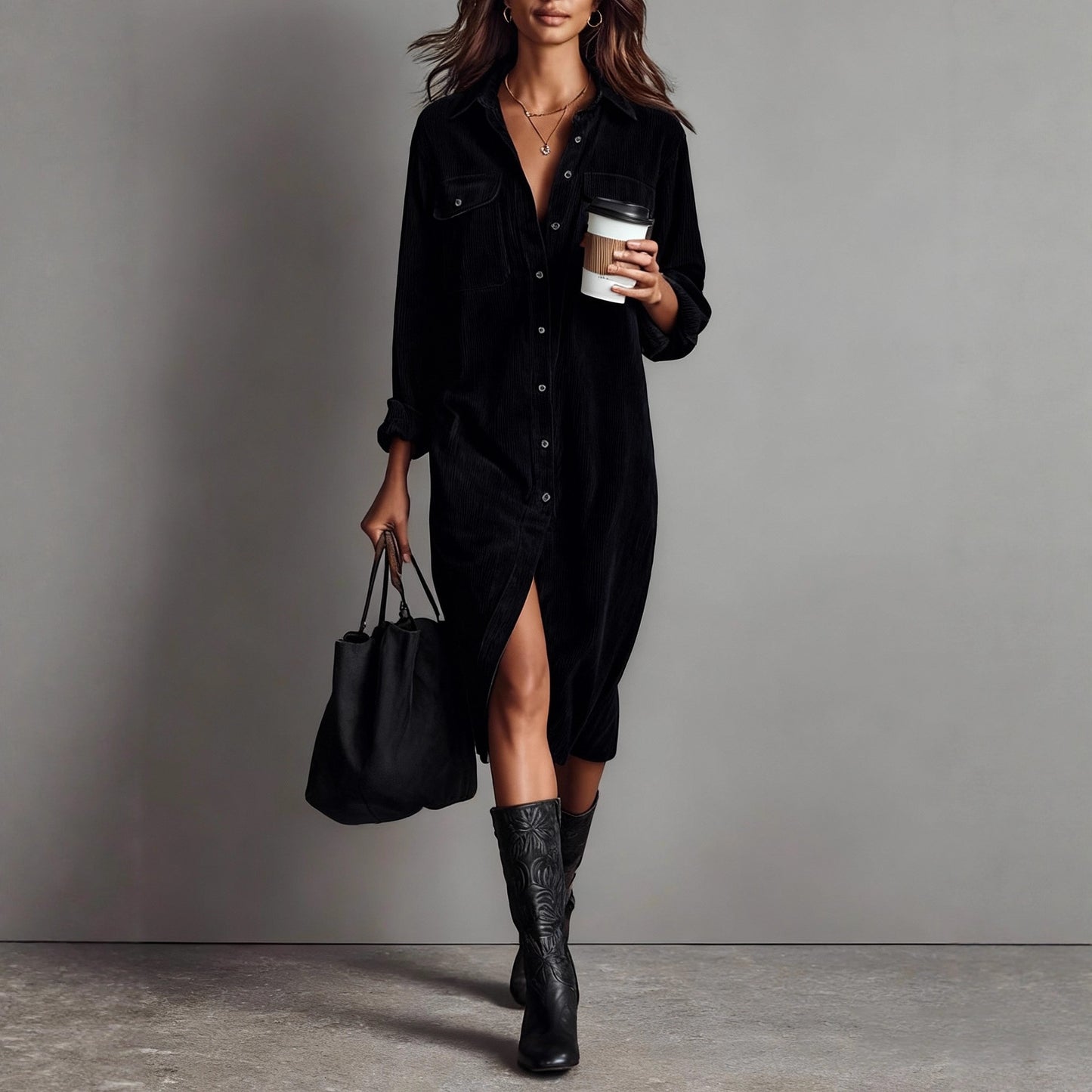 Color Corduroy Long Sleeve Lapel Shirt Dresses