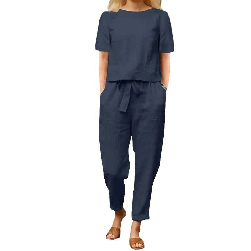 Women's Linen Summer Matching Half Sleeve Oversized Wide Leg Retro Two-piece Fashion Casual Suit
