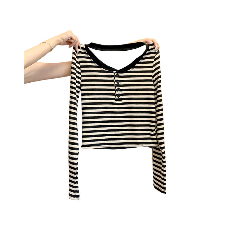 Women's Style Shoulder Striped Long-sleeved Henry Collar Design Bottoming Shirt Tops
