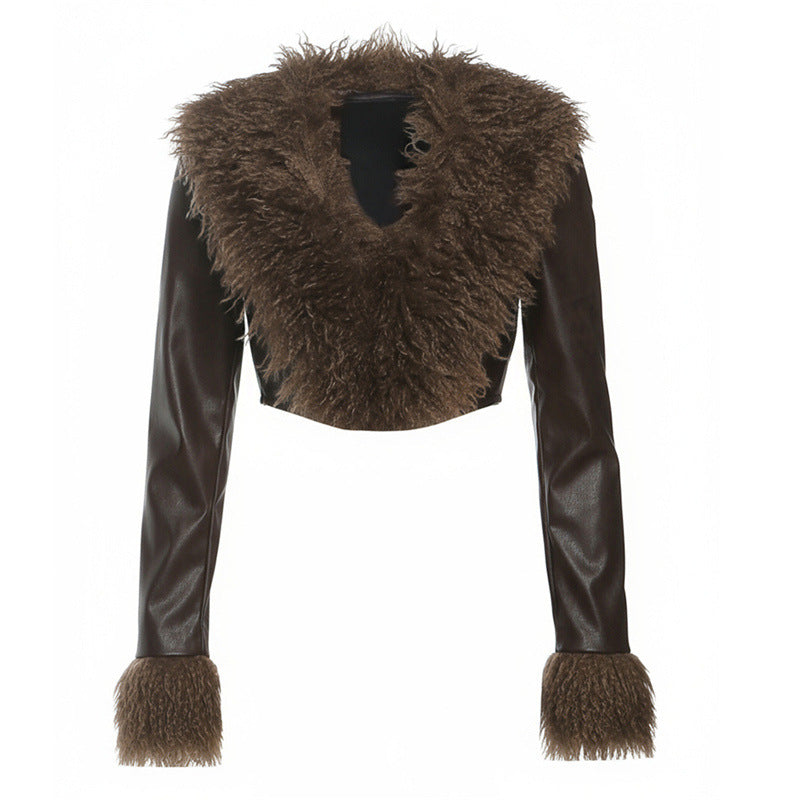 Women's Fur Collar Tassel Stitching Long Sleeve Shorts