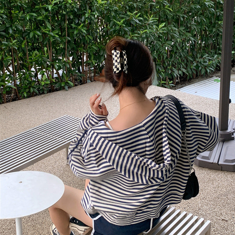 Women's Style Vintage Stripe Hoodie Casual Zipper Tops