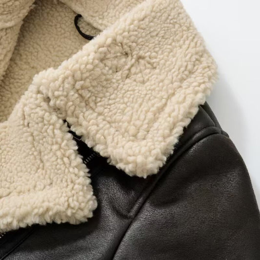 Women's Leather Niche Design Lapel With Veet Coats