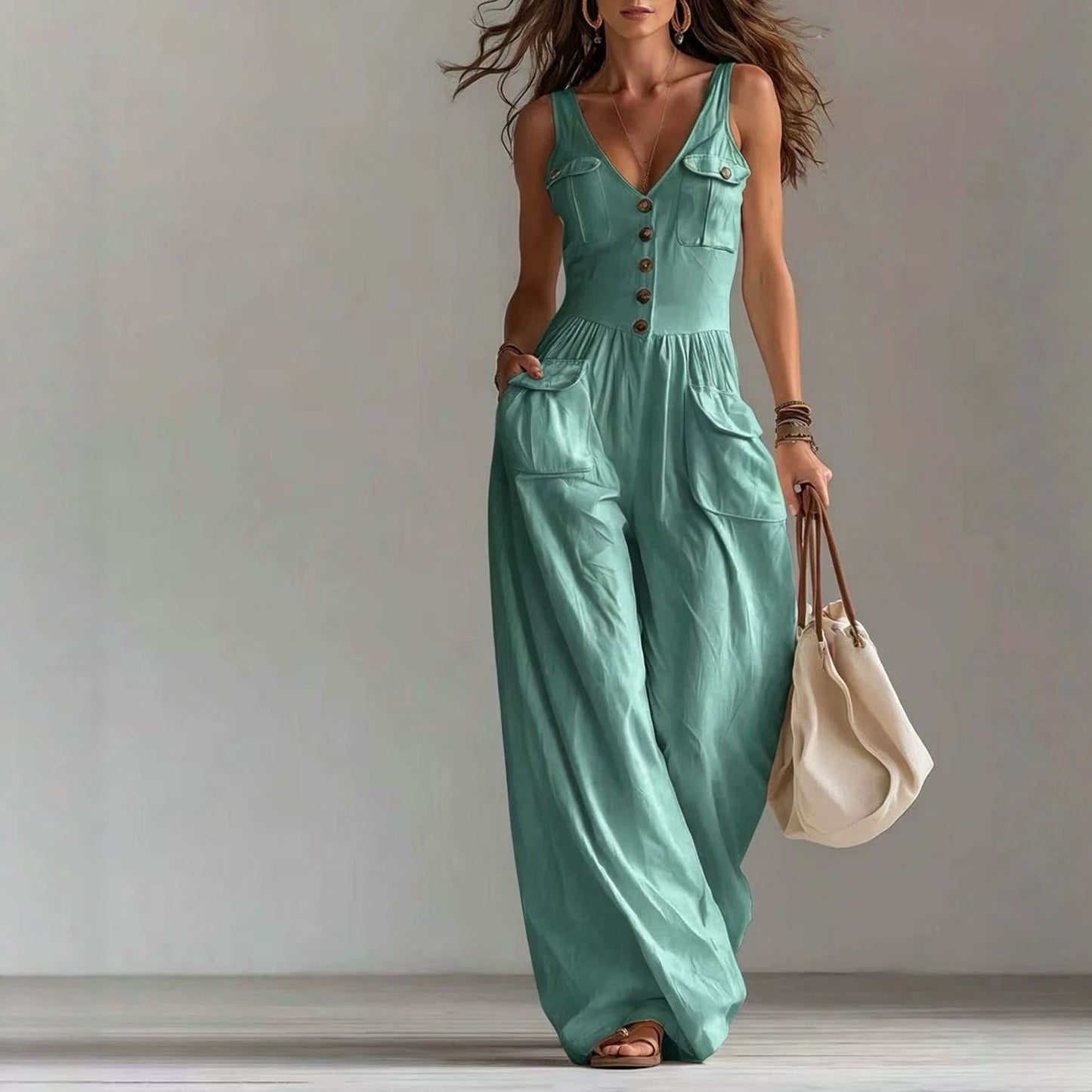 Women's Summer Solid Color Buttons Loose Casual Women's Jumpsuit/clothing