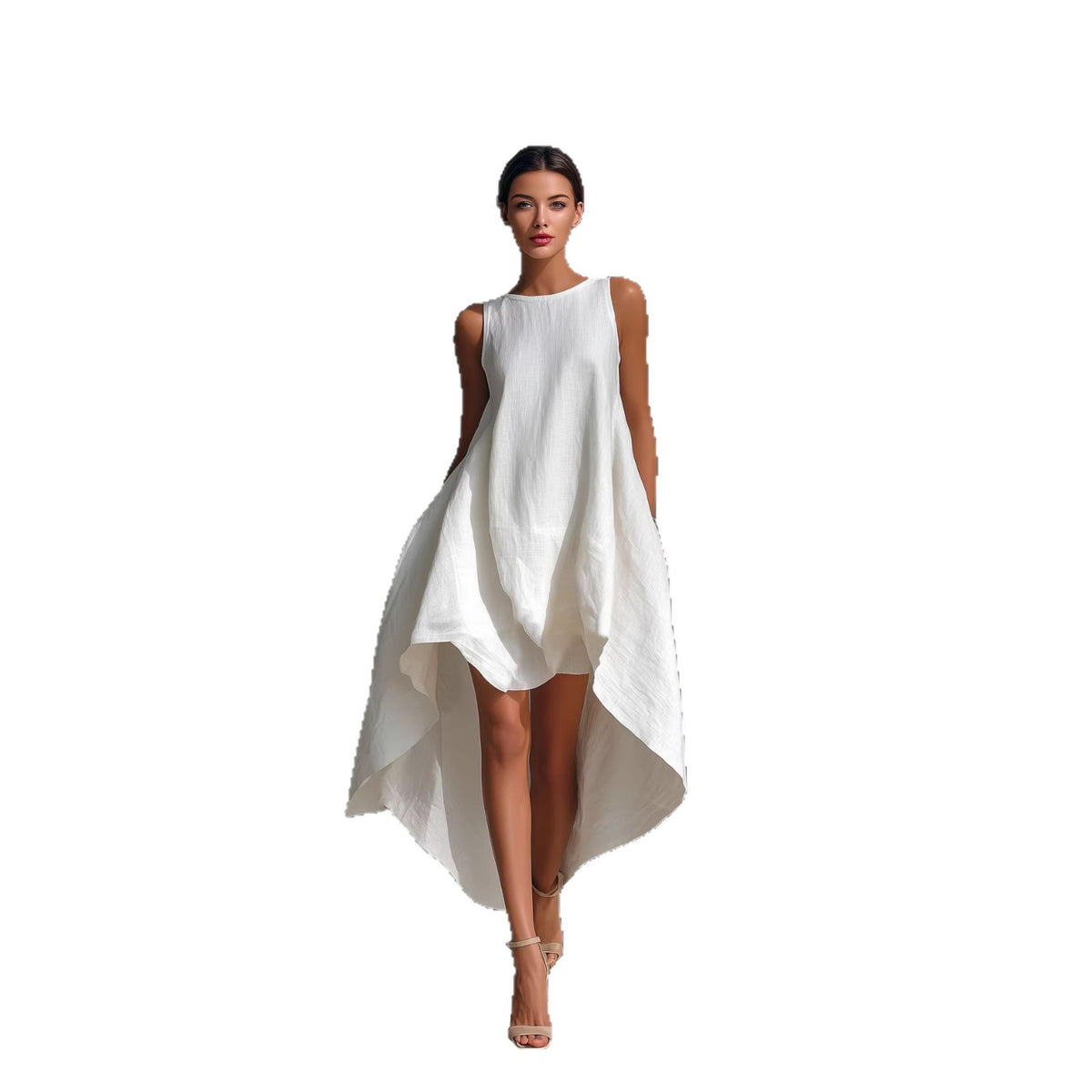 Women's Spring Cotton Linen Front Long Back Irregular Sleeveless Dress
