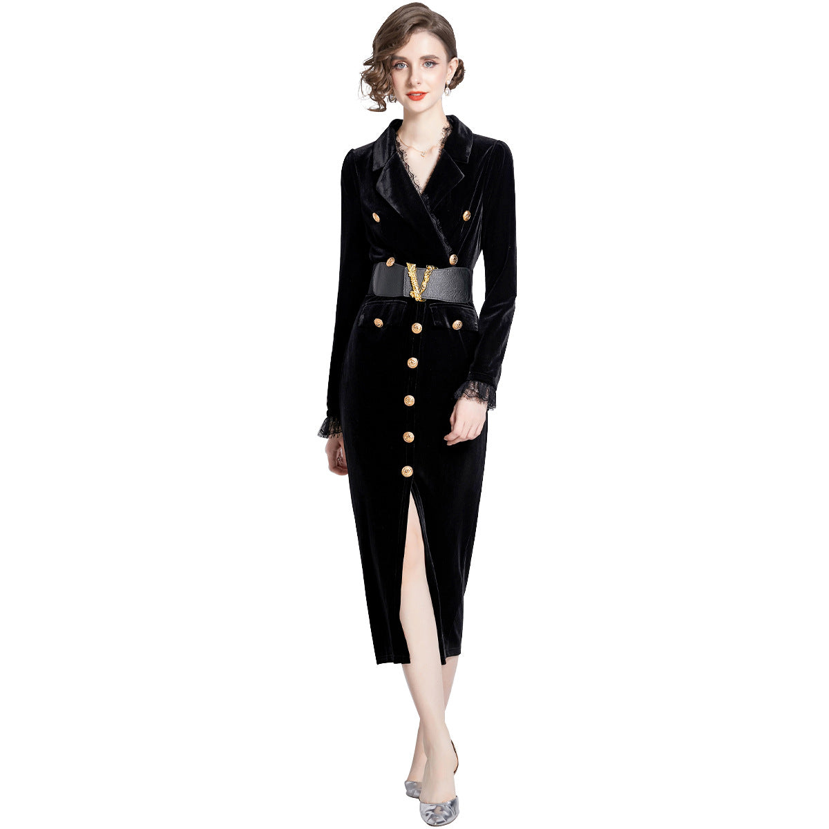 Women's Double Breasted Black Tie Lace Stitching Suits