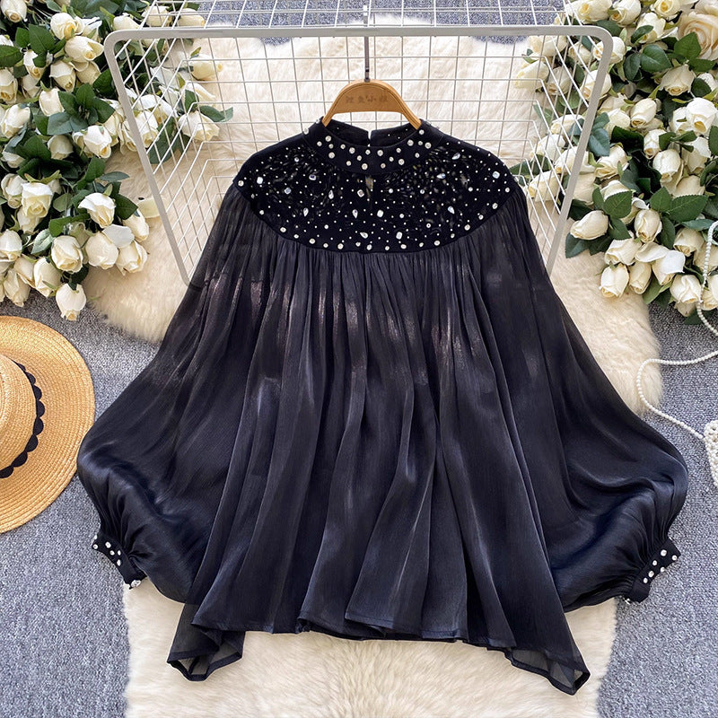 Rhinestone Lantern Sleeve Tassel Gauzy Shirt Blouses