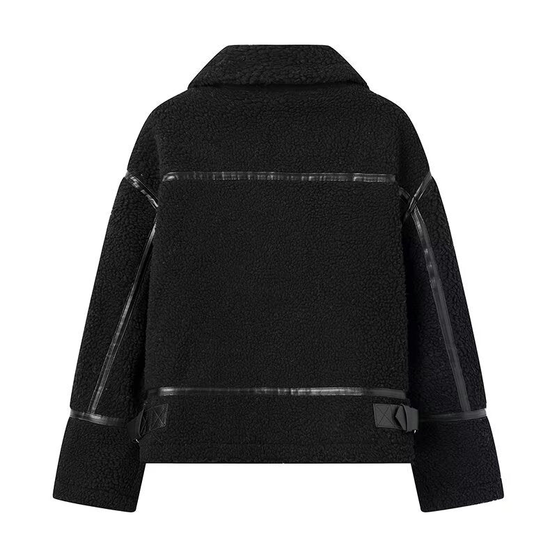 Women's Lapel Contrast Color Lamb Wool Zipper Jackets