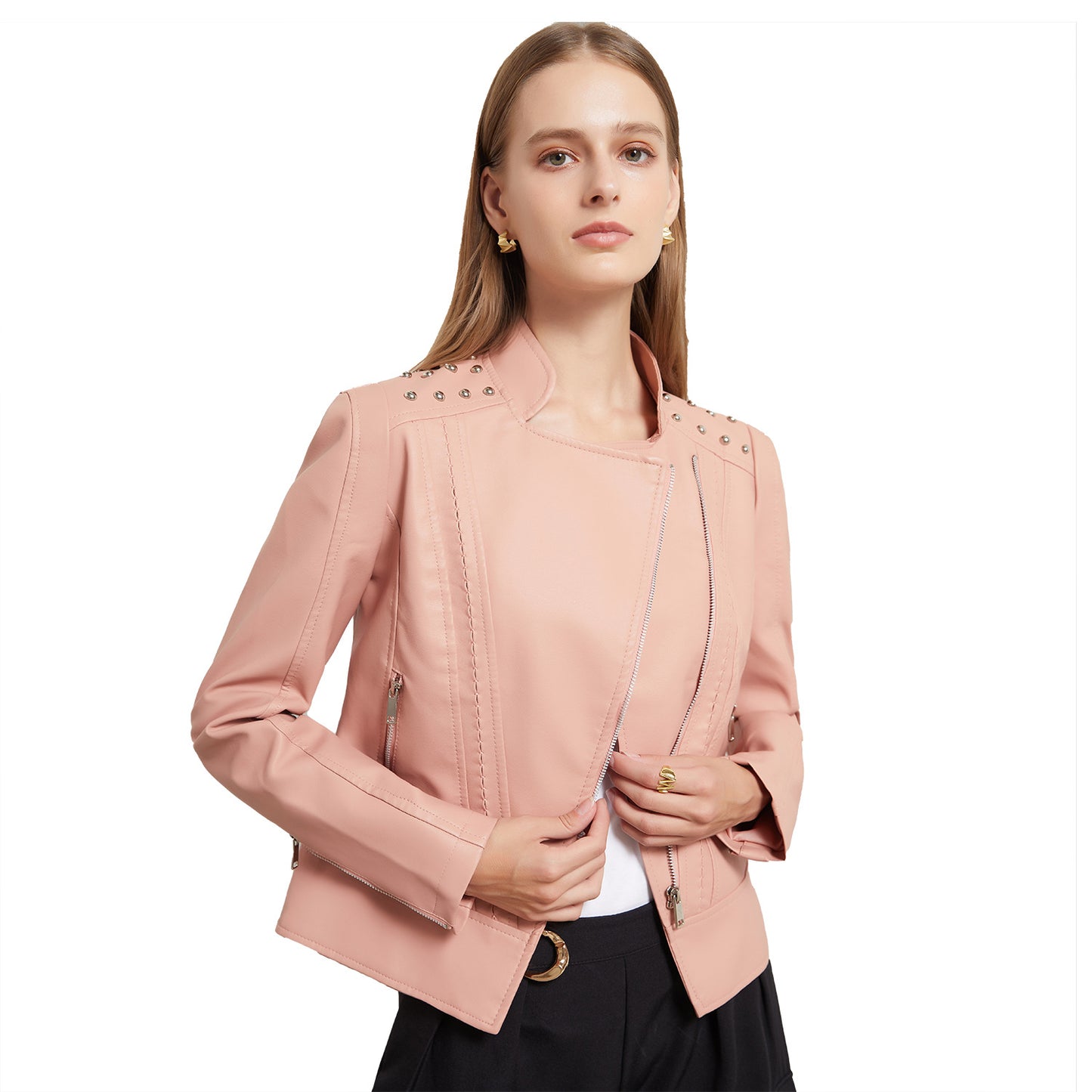 Women's European Beaded Leather Long-sleeved Fashion Lapel Clothing