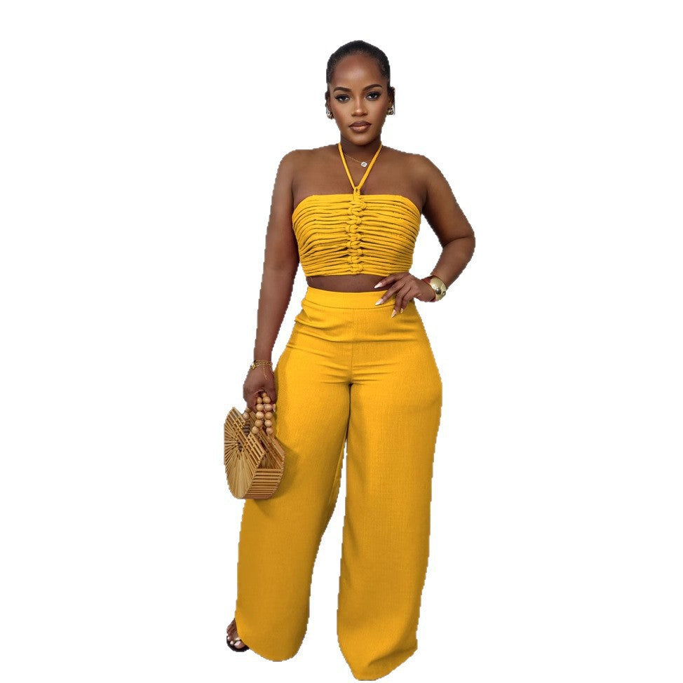 Smocking High Waist Loose Zip Trousers Suits