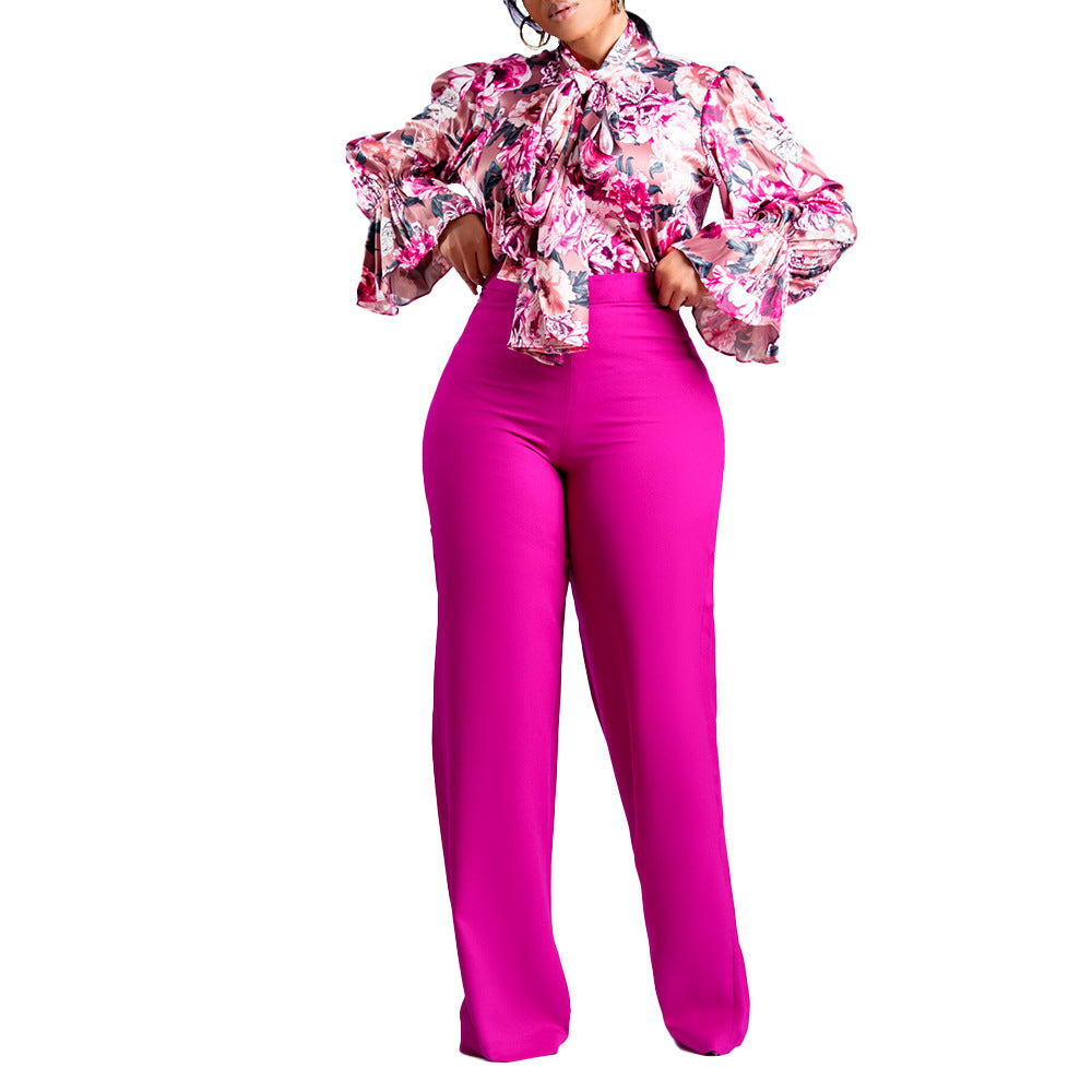 Women's Loose Large Casual Printed Long-sleeved Shirt Pants