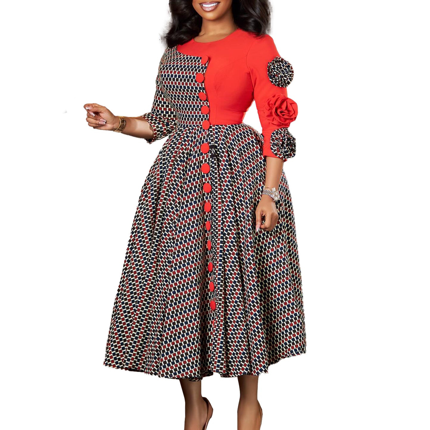 Women's Fashion Elegant Round Neck Sleeves Printed Dresses