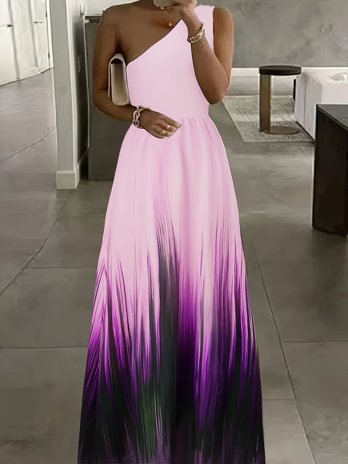 Fashion Gradient Color Sleeveless Slant Shoulder Sexy Party Dress