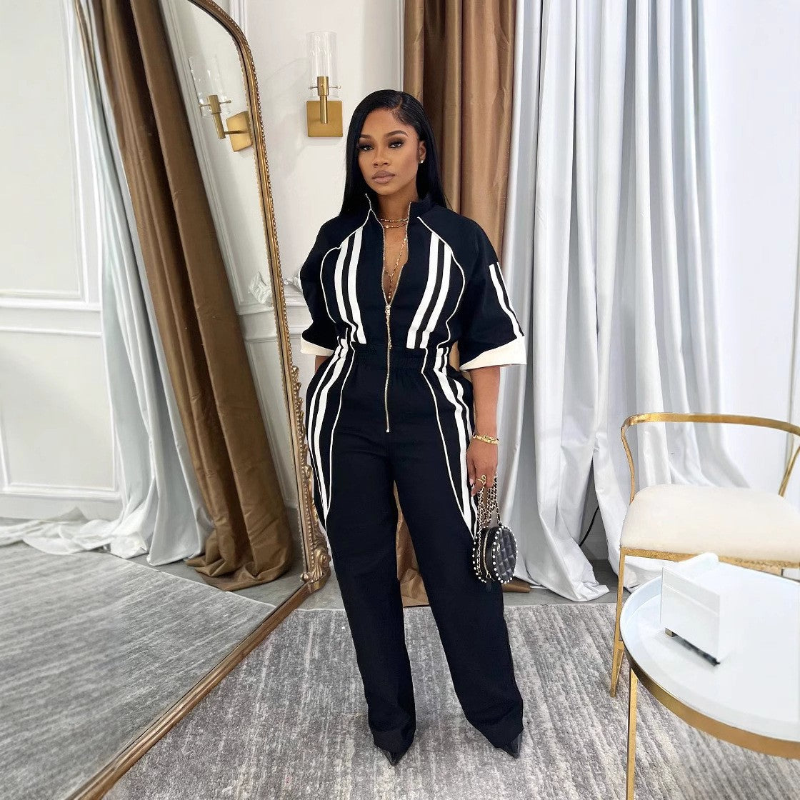 Women's 7-point Sleeve Waist Long Zipper One-piece Jumpsuits