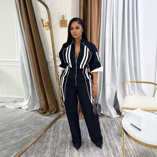 Women's 7-point Sleeve Waist Long Zipper One-piece Jumpsuits