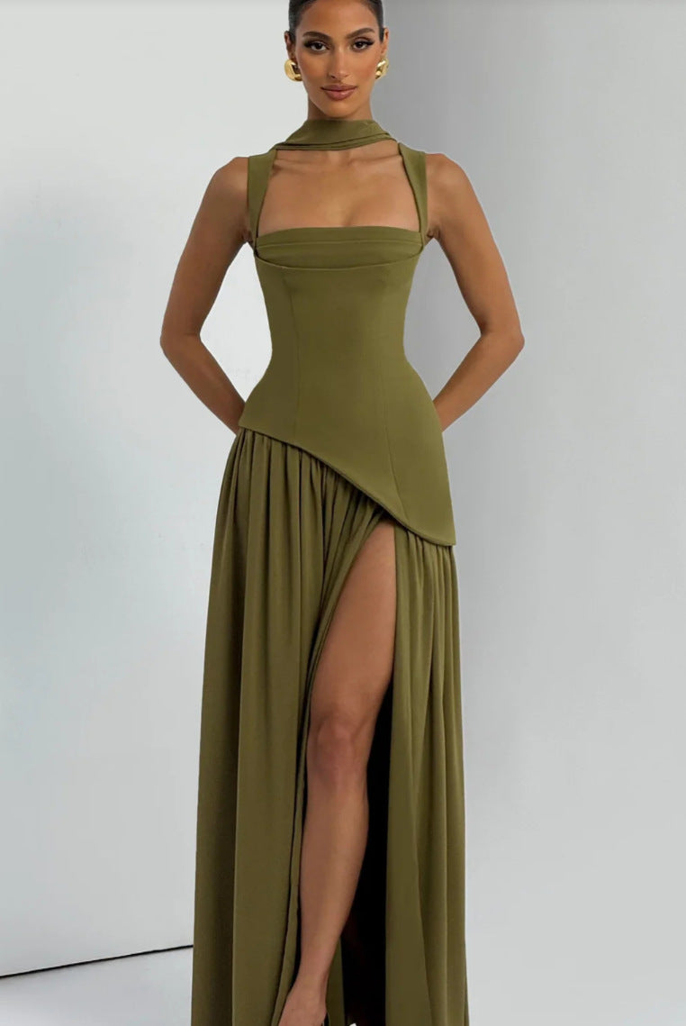 Irregular Slit Contrast Color Sexy Pleated Dresses