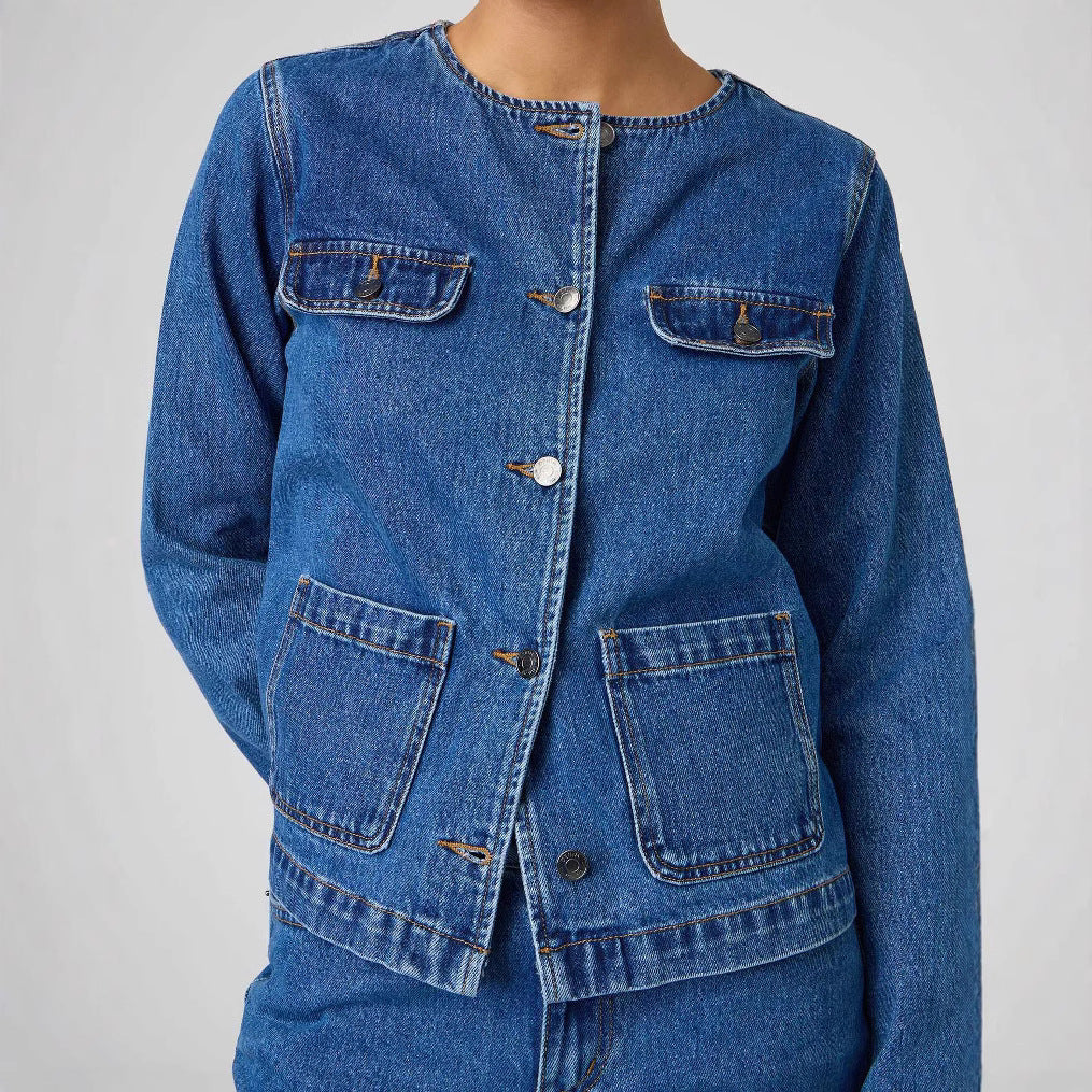 Women's Glamorous Fashion Round Blue Denim Jackets