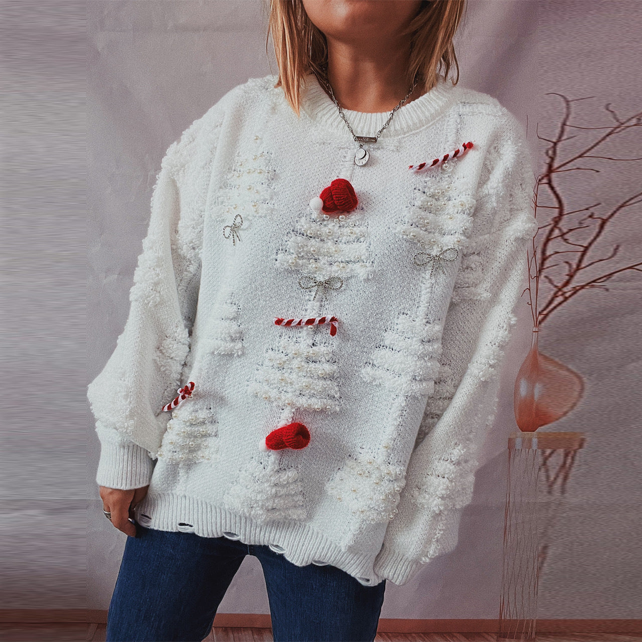 Handmade Pearl Christmas Theme Three-dimensional Decoration Sweaters