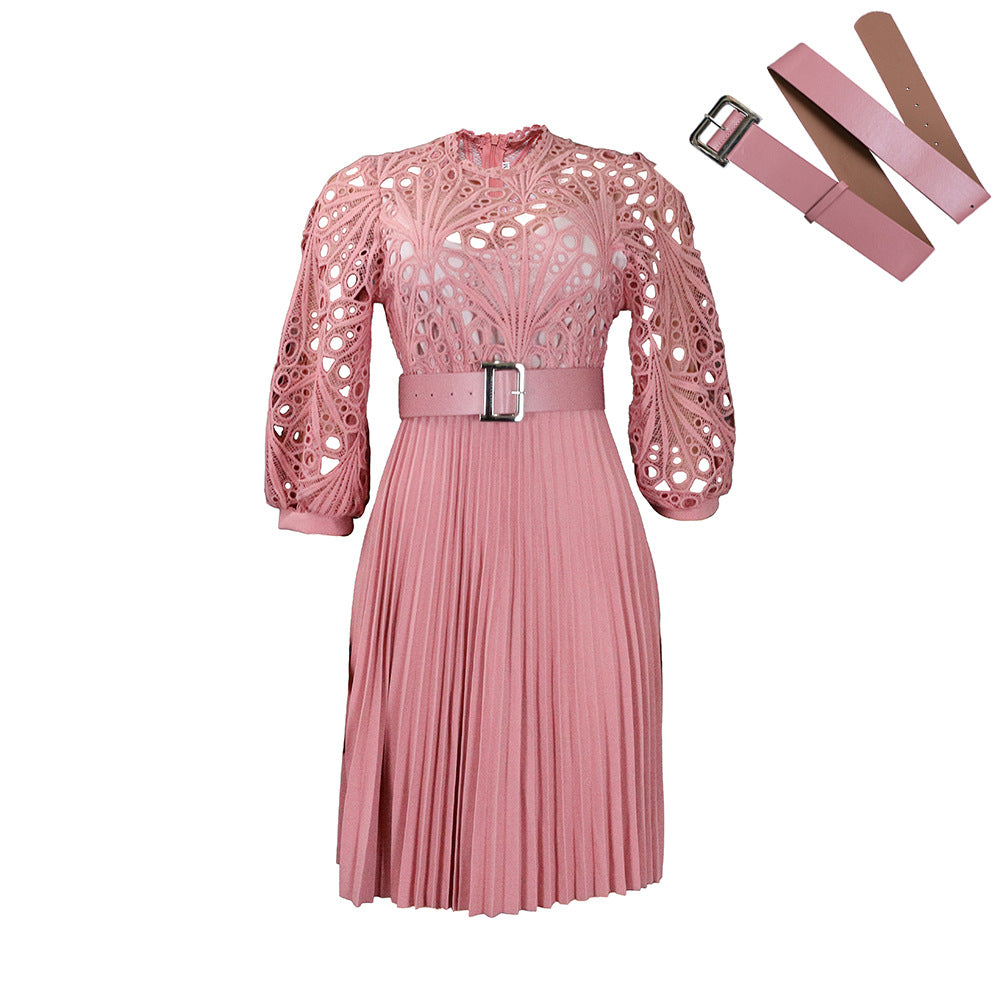 Women's Temperament Pure Color Lace Crocheted Pleated Dress